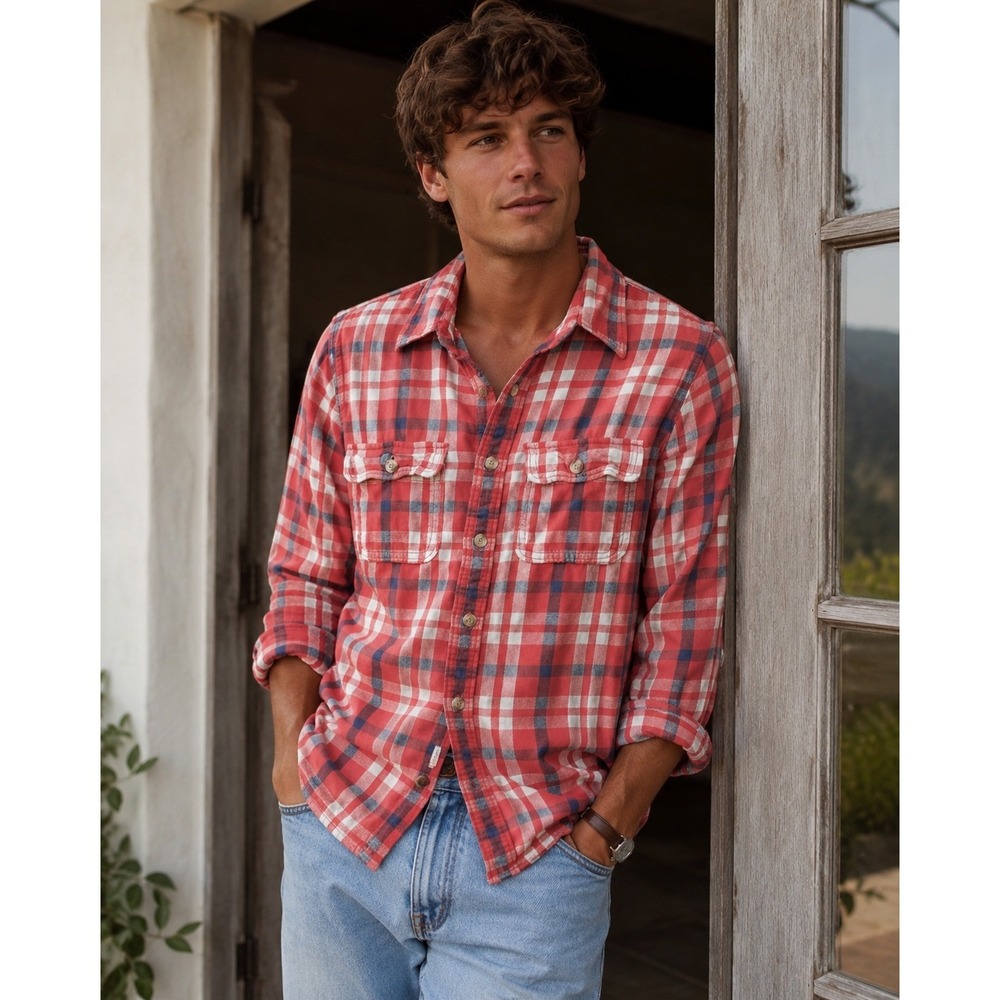 Abercrombie & Fitch Mens Muscle Fit Plaid Flannel Shirt Red White Blue Medium